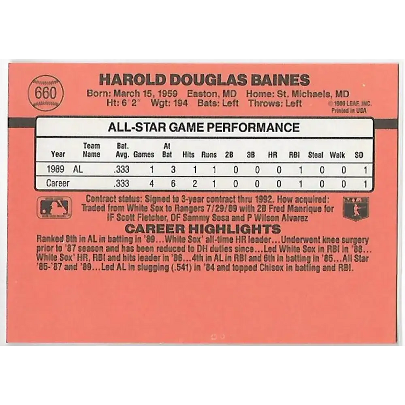 1990 Donruss #660d Harold Baines COR AS VG-EX Texas Rangers Baseball Card - Baseball Card Single