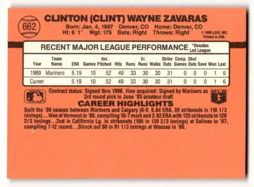 Baseball card back with original gloss for Clint Zavaras Seattle Mariners card