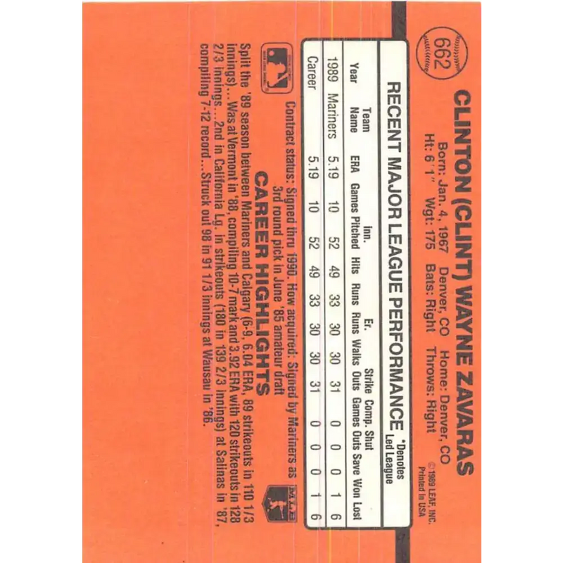 1990 Donruss #662 Clint Zavaras VG-EX RC Rookie Seattle Mariners Baseball Card - Baseball Card Single
