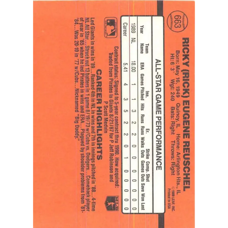 1990 Donruss #663b Rick Reuschel AS VG-EX San Francisco Giants Baseball Card - Baseball Card Single