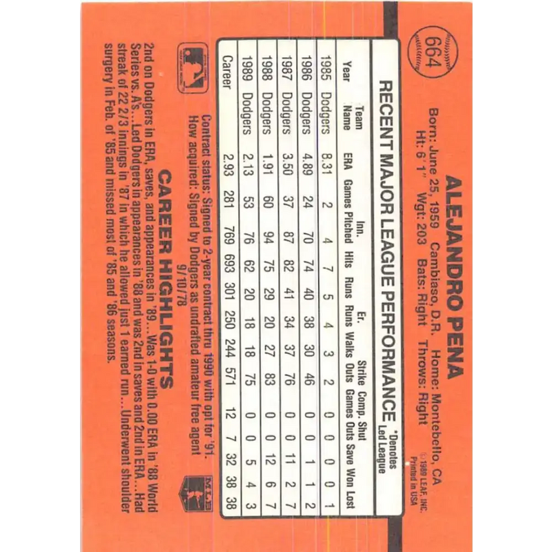 1990 Donruss #664 Alejandro Pena VG-EX Los Angeles Dodgers Baseball Card - Baseball Card Single