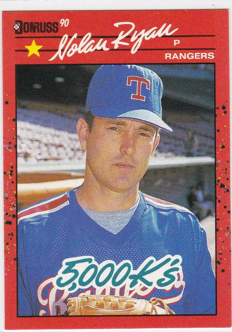 Baseball card of Nolan Ryan with Texas Rangers featuring blue cap and jersey