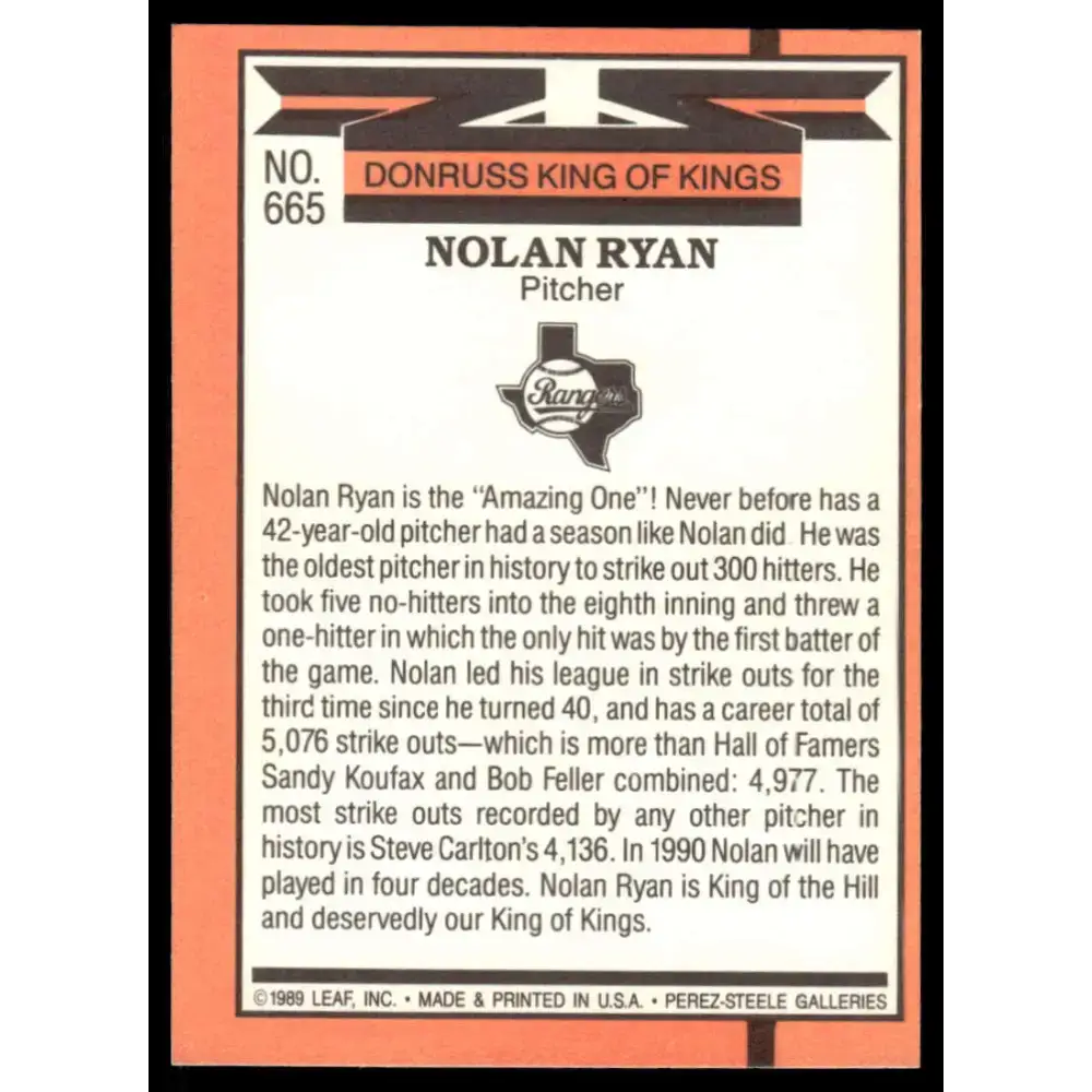 1990 Donruss #665 Nolan Ryan EX/NM Texas Rangers Baseball Card - Baseball Card Single