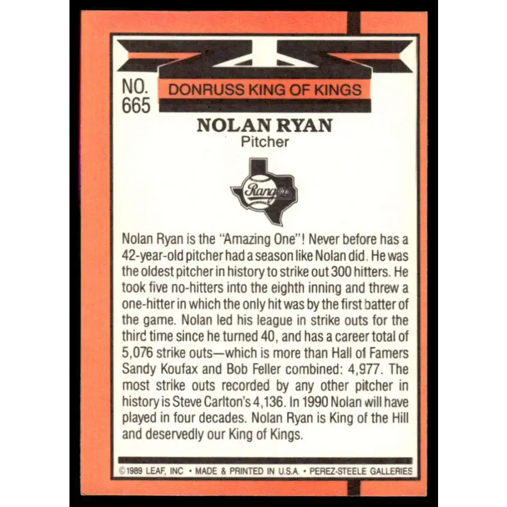 1990 Donruss #665 Nolan Ryan EX/NM Texas Rangers Baseball Card - Baseball Card Single