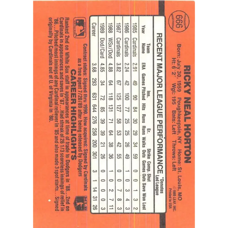 1990 Donruss #666 Ricky Horton VG-EX St. Louis Cardinals Baseball Card - Baseball Card Single