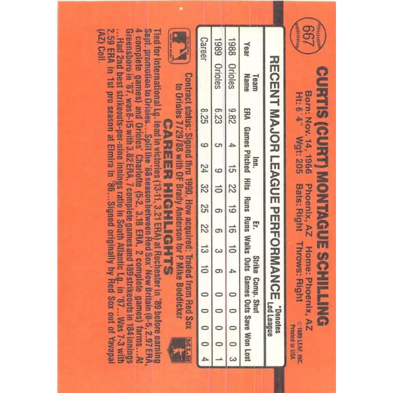1990 Donruss #667 Curt Schilling VG-EX Baltimore Orioles Baseball Card - Baseball Card Single