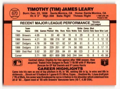 Original gloss Timothy Leary Cincinnati Reds baseball card from 1990 Donruss #670
