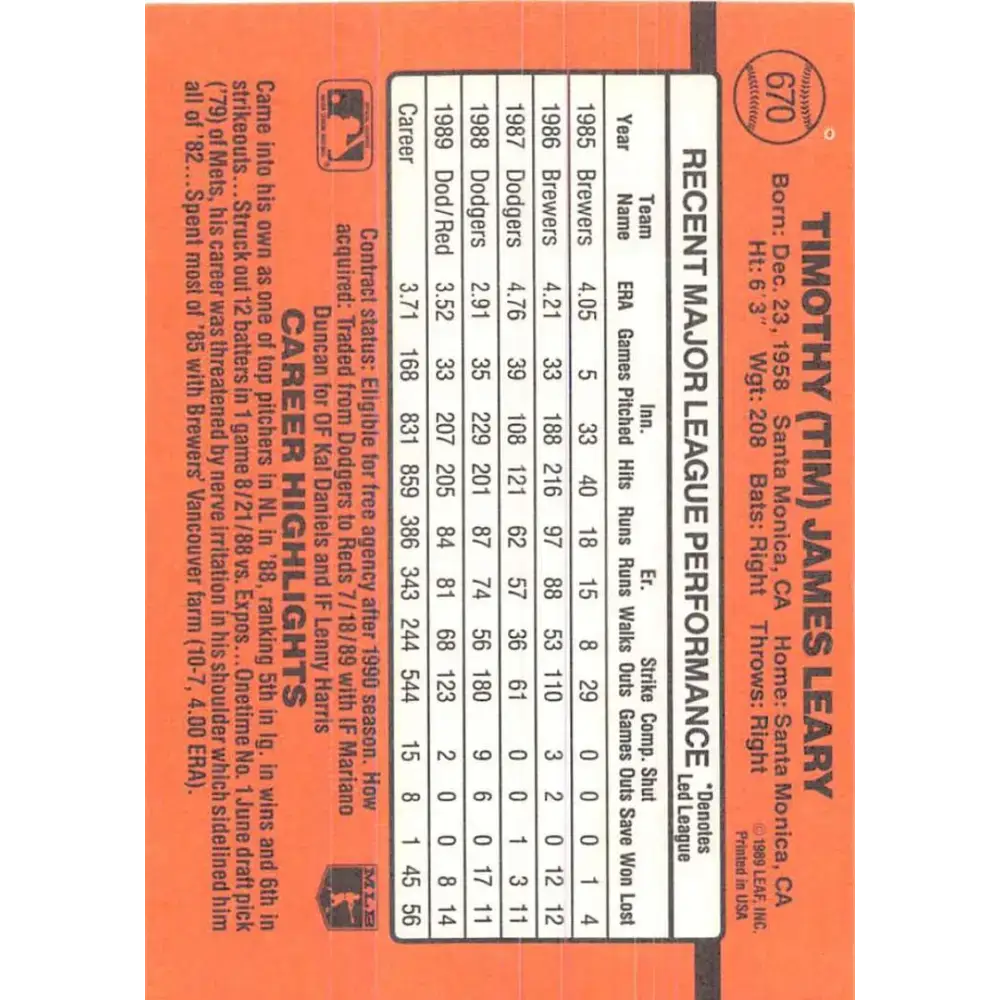 1990 Donruss #670 Tim Leary VG-EX Cincinnati Reds Baseball Card - Baseball Card Single