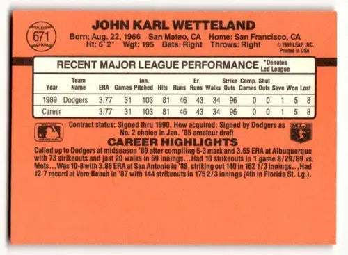 1990 Donruss #671 John Wetteland Los Angeles Dodgers Baseball Cards ID:54704 - Baseball Card Single