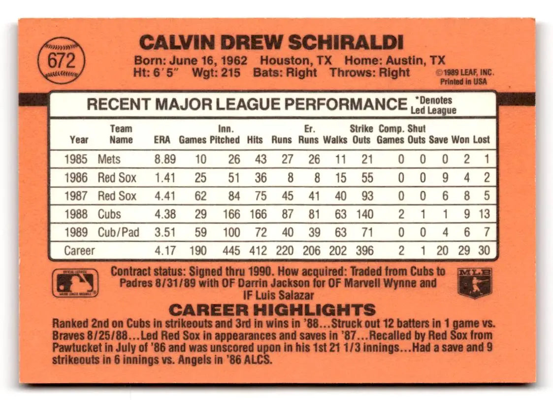 1990 Donruss #672 Calvin Schiraldi - Baseball Card Single