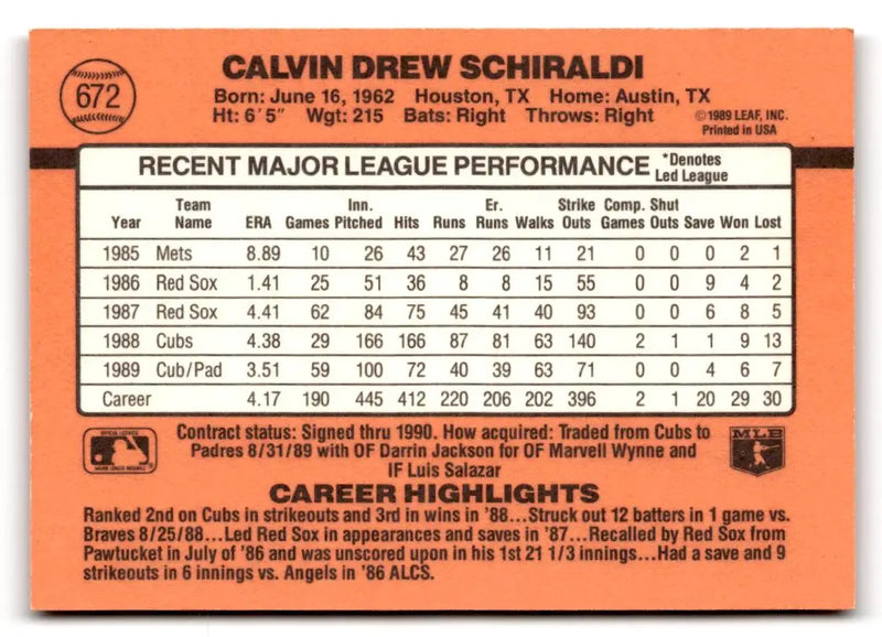 1990 Donruss #672 Calvin Schiraldi - Baseball Card Single