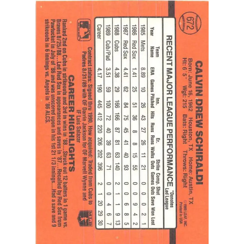 1990 Donruss #672 Calvin Schiraldi VG-EX San Diego Padres Baseball Card - Baseball Card Single