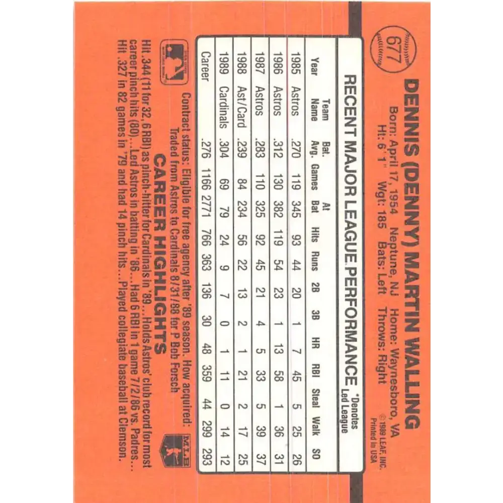 1990 Donruss #677 Denny Walling VG-EX St. Louis Cardinals Baseball Card - Baseball Card Single