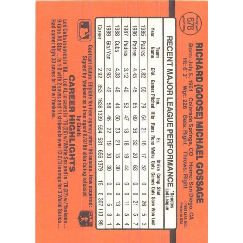 1990 Donruss #678 Rich Gossage VG-EX New York Yankees Baseball Card - Baseball Card Single