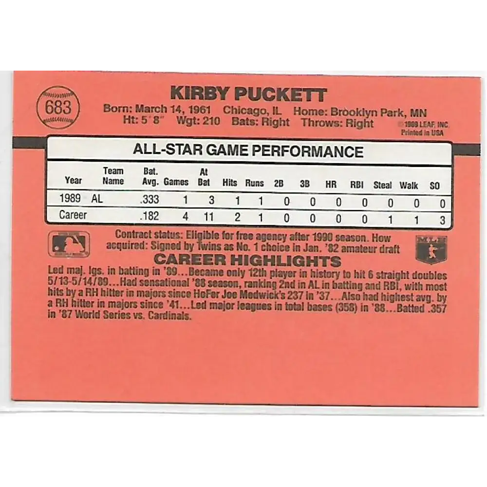 1990 Donruss #683b Kirby Puckett COR AS VG-EX Minnesota Twins Baseball Card - Baseball Card Single