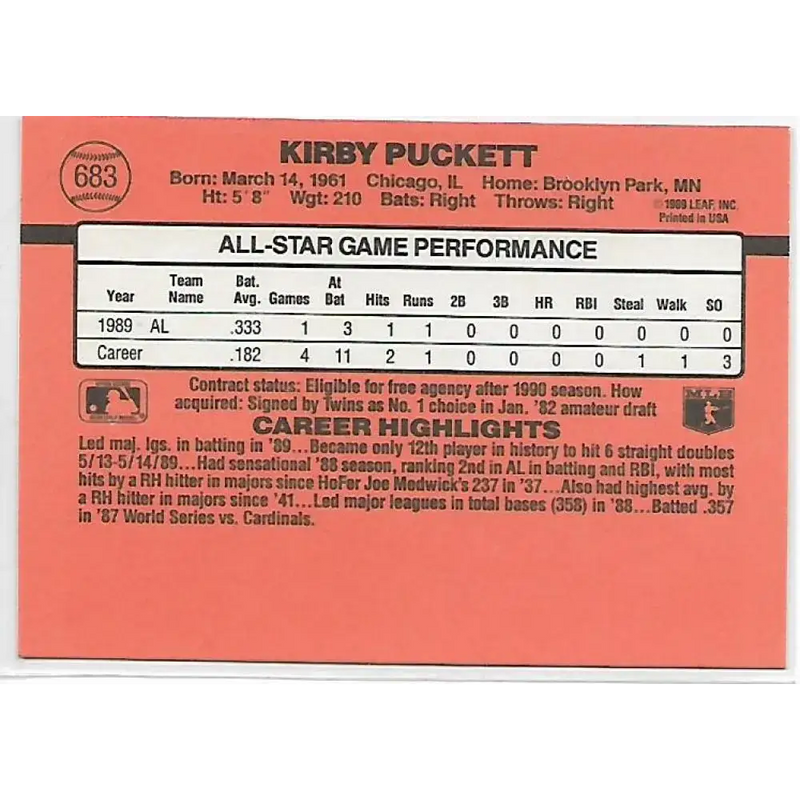 1990 Donruss #683b Kirby Puckett COR AS VG-EX Minnesota Twins Baseball Card - Baseball Card Single