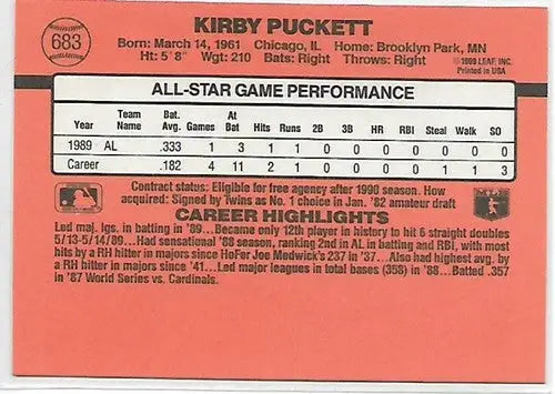 Original gloss Kirby Puckett baseball card from 1990 Donruss Twins sports cards collection