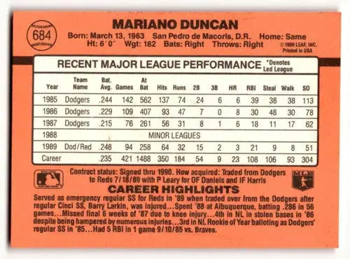 1990 Donruss #684 Mariano Duncan Cincinnati Reds Baseball Cards EX/N ID:54646 - Baseball Card Single