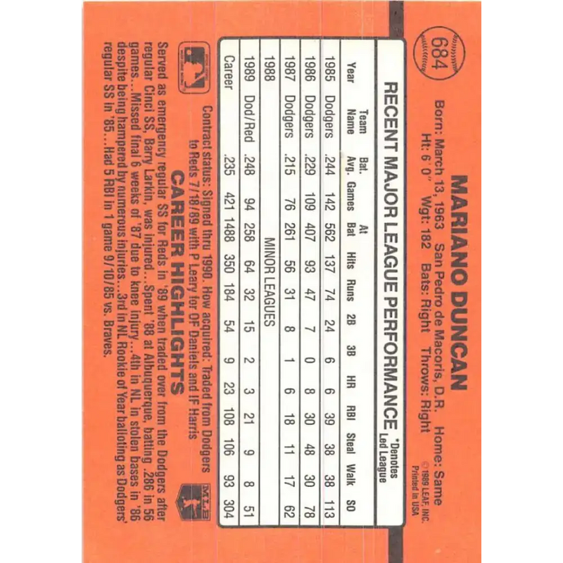 1990 Donruss #684 Mariano Duncan VG-EX Cincinnati Reds Baseball Card