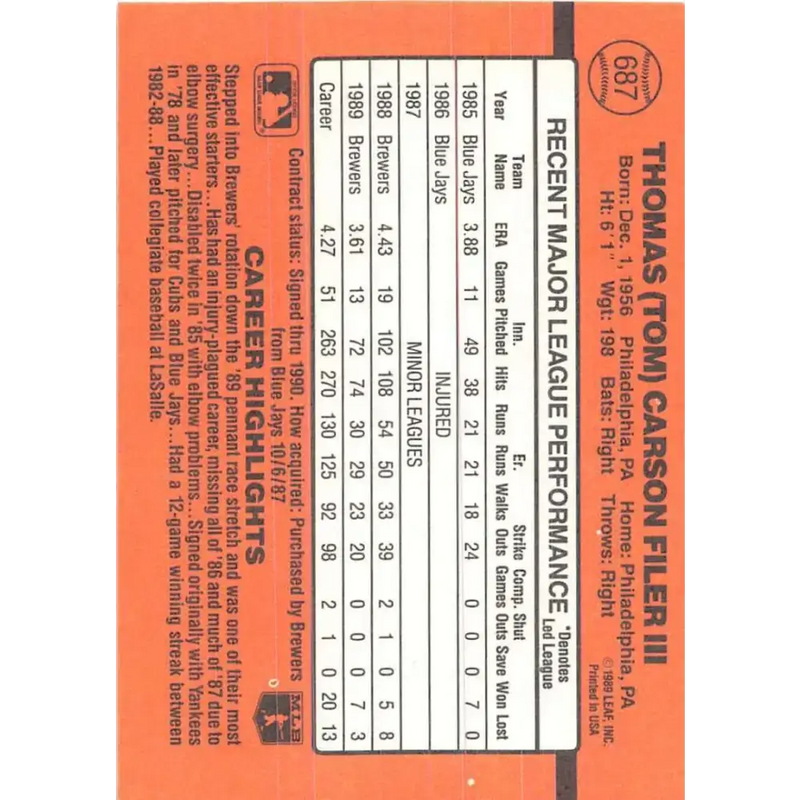 1990 Donruss #687 Tom Filer VG-EX Milwaukee Brewers Baseball Card - Baseball Card Single