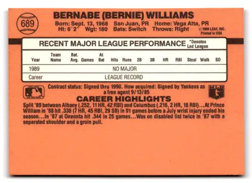 Original gloss Bernie Williams rookie Yankees baseball card back side image
