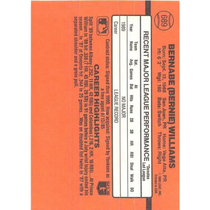 1990 Donruss #689 Bernie Williams VG-EX RC Rookie New York Yankees Baseball Card