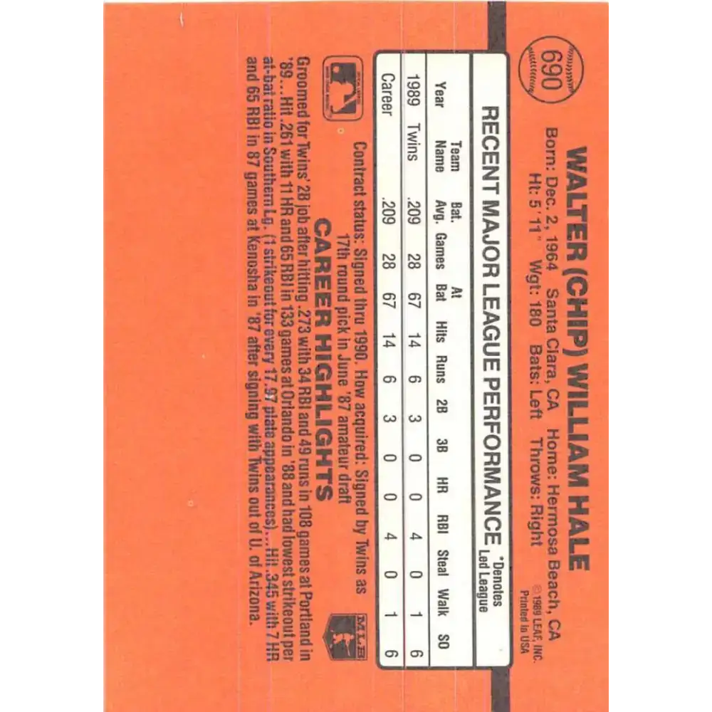 1990 Donruss #690 Chip Hale VG-EX RC Rookie Minnesota Twins Baseball Card - Baseball Card Single