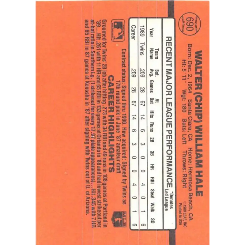 1990 Donruss #690 Chip Hale VG-EX RC Rookie Minnesota Twins Baseball Card - Baseball Card Single