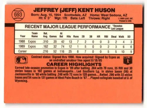 Baseball card back with original gloss for Jeff Huson Montreal Expos card 1990 Donruss