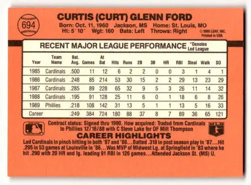 1990 Donruss #694 Curt Ford Philadelphia Phillies Baseball Cards EX/ ID:56226 - Baseball Card Single