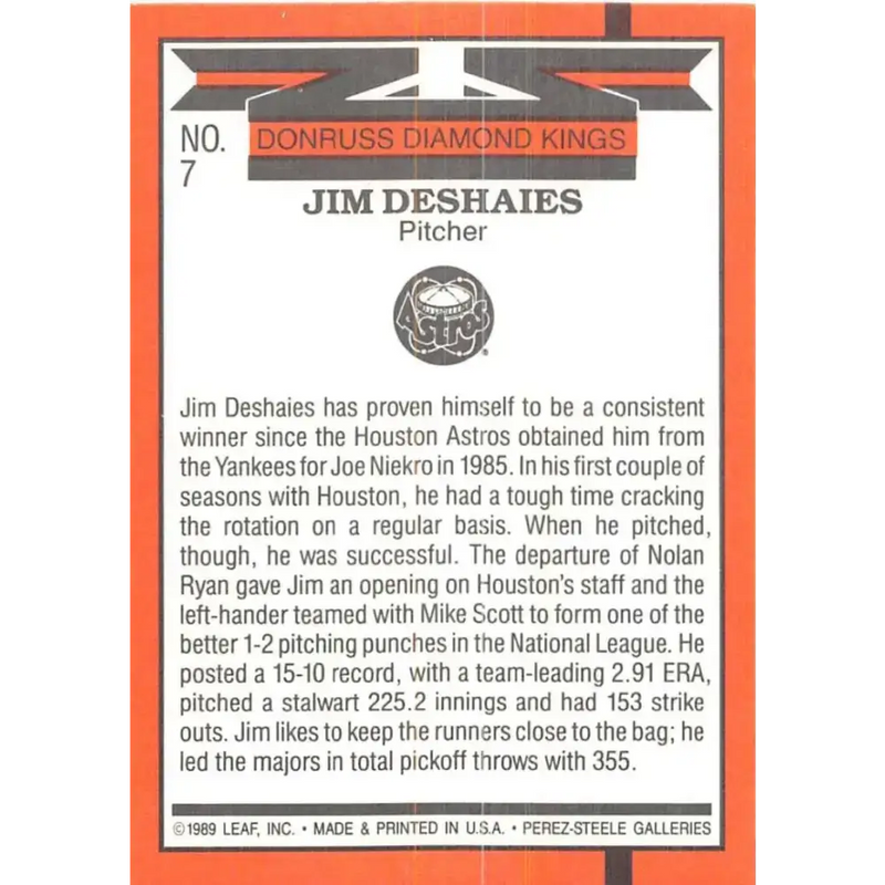 1990 Donruss #7 Jim Deshaies DK DP VG-EX Houston Astros Baseball Card - Baseball Card Single