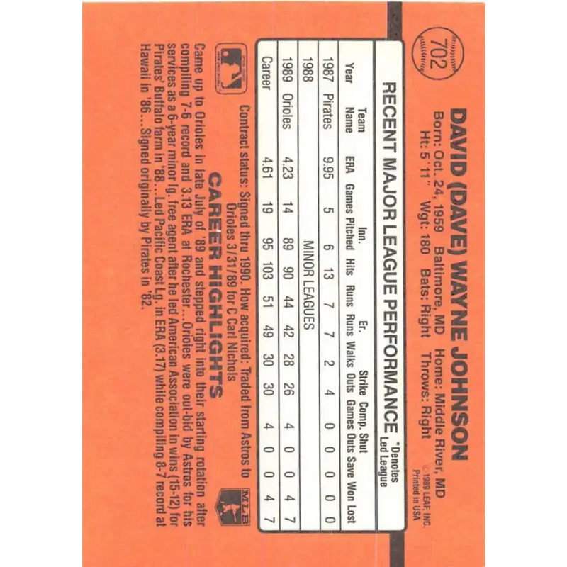 1990 Donruss #702 Dave Johnson VG-EX RC Rookie Baltimore Orioles Baseball Card - Baseball Card Single