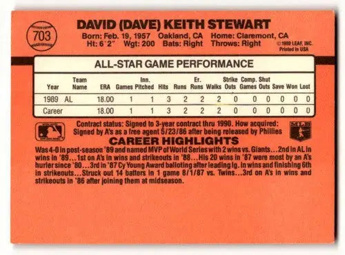 Baseball card back featuring original gloss of Dave Stewart Oakland Athletics team