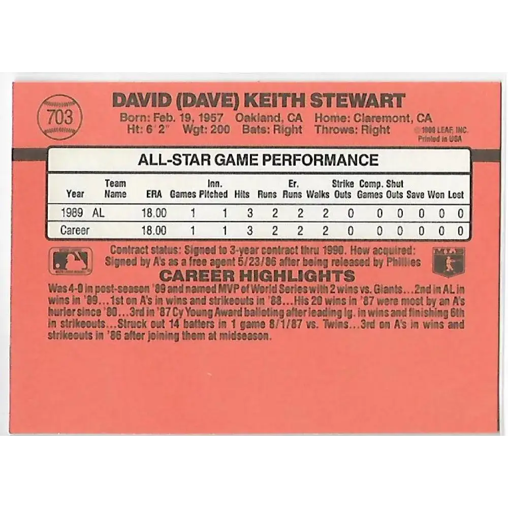1990 Donruss #703b Dave Stewart COR AS VG-EX Oakland Athletics Baseball Card - Baseball Card Single