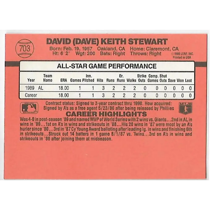 1990 Donruss #703b Dave Stewart COR AS VG-EX Oakland Athletics Baseball Card - Baseball Card Single