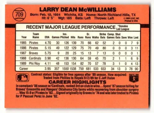 Original gloss 1990 Donruss Larry McWilliams Kansas City Royals baseball card image