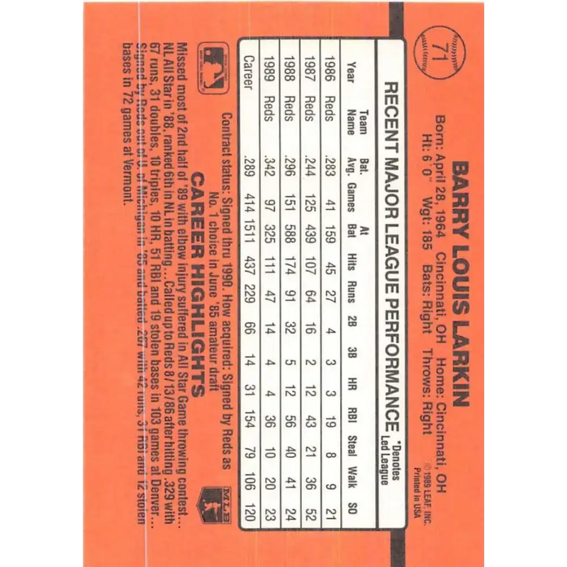 1990 Donruss #71 Barry Larkin VG-EX Cincinnati Reds Baseball Card - Baseball Card Single