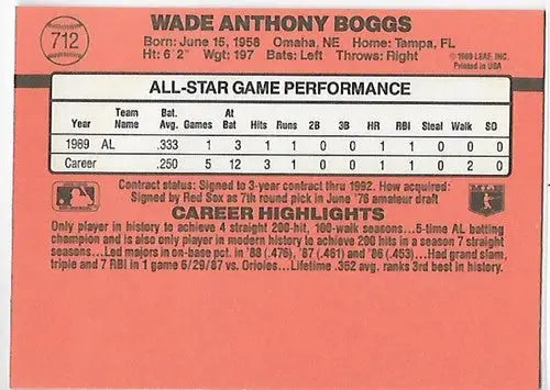Vintage 1990 Donruss #712b Wade Boggs baseball card with player stats and career highlights