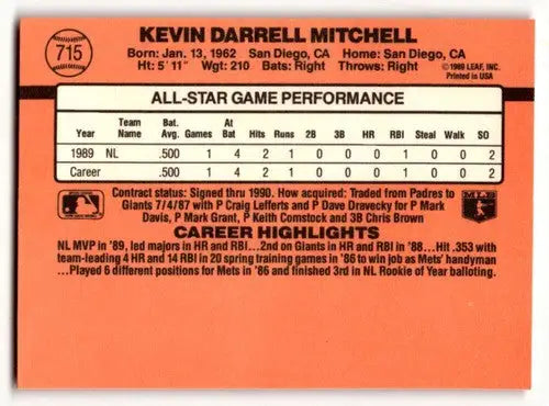 1990 Donruss #715 Kevin Mitchell San Francisco Giants Baseball Cards ID:52774 - Baseball Card Single