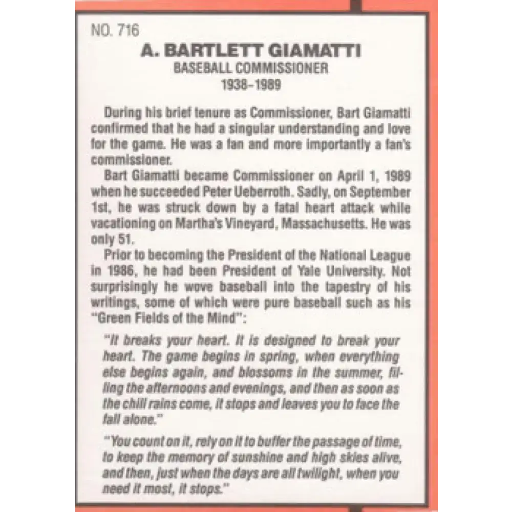 1990 Donruss #716 Bart Giamatti VG-EX Baseball Card - Baseball Card Single