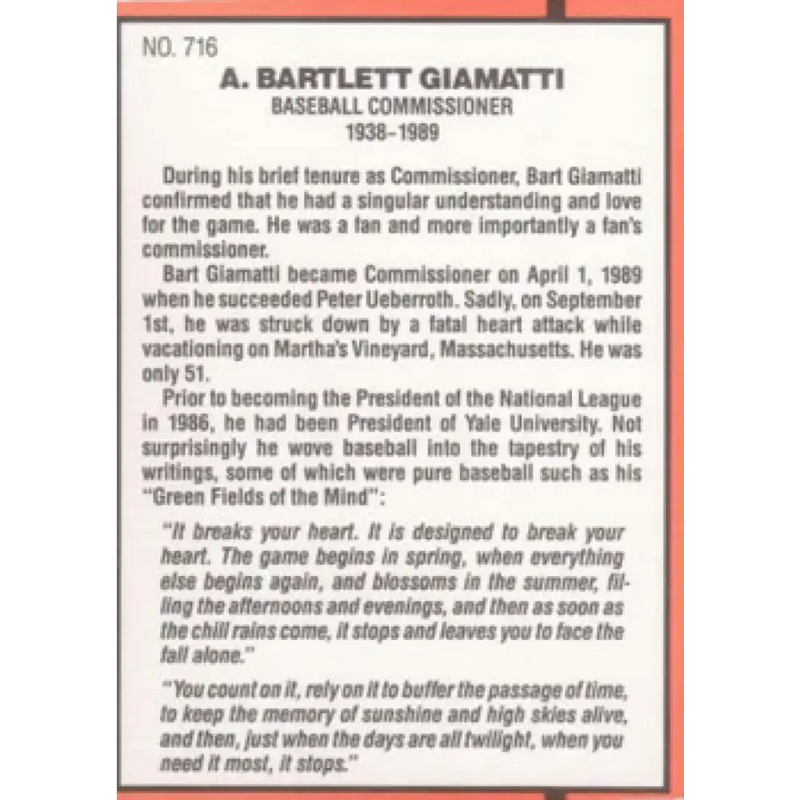 1990 Donruss #716 Bart Giamatti VG-EX Baseball Card - Baseball Card Single