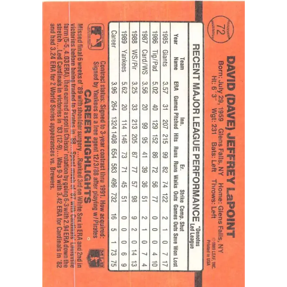 1990 Donruss #72 Dave LaPoint VG-EX New York Yankees Baseball Card - Baseball Card Single