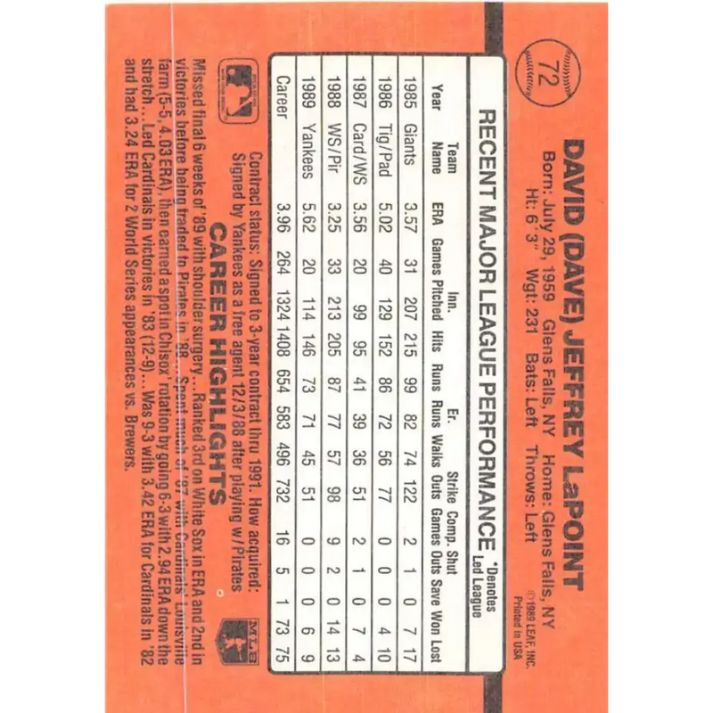 1990 Donruss #72 Dave LaPoint VG-EX New York Yankees Baseball Card - Baseball Card Single