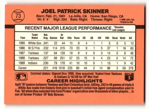 Joel Skinner Cleveland baseball card from 1990 Donruss with original gloss and NM condition