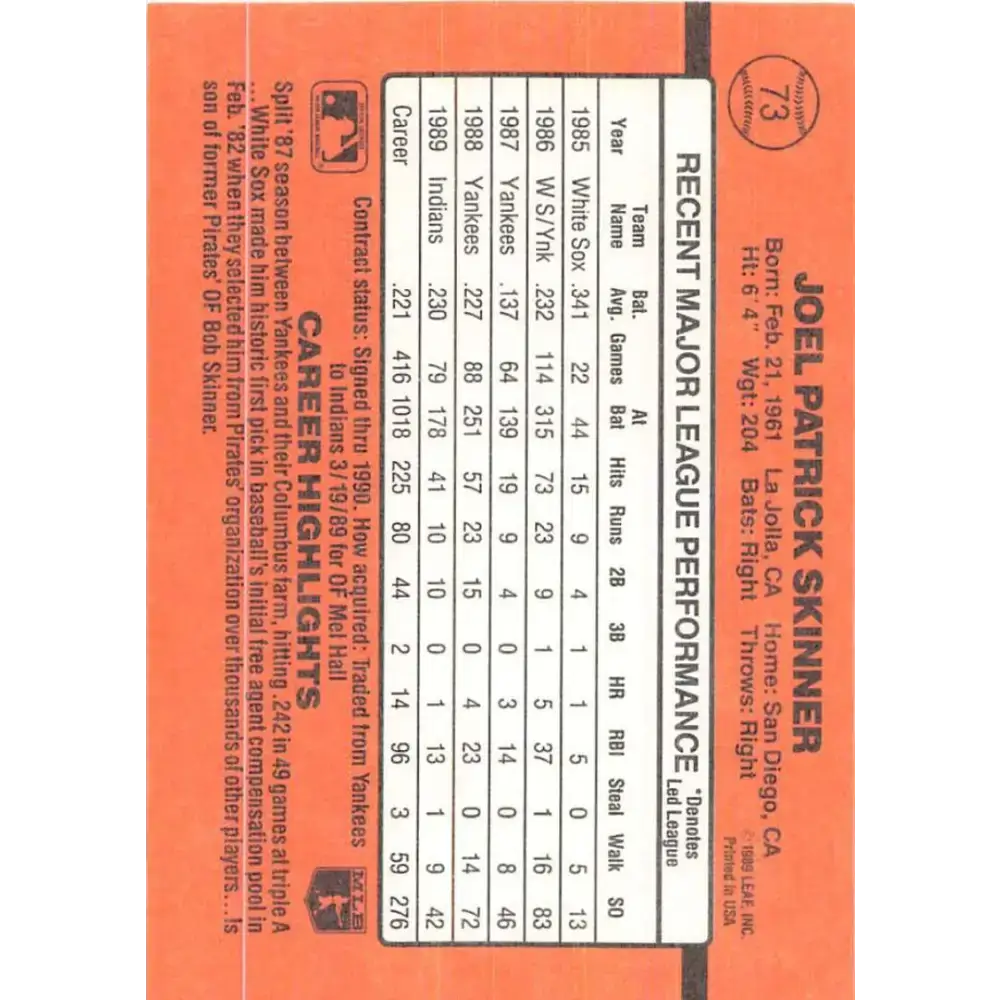 1990 Donruss #73 Joel Skinner VG-EX Cleveland Indians Baseball Card - Baseball Card Single