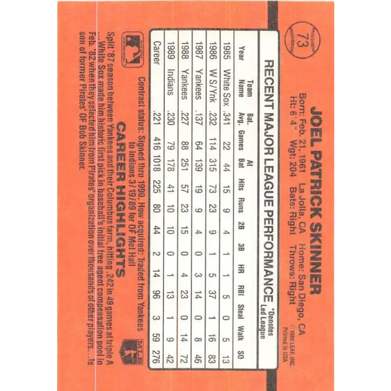 1990 Donruss #73 Joel Skinner VG-EX Cleveland Indians Baseball Card - Baseball Card Single