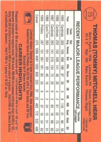 1990 Donruss #75 Tom Herr NM-MT Phillies - Baseball Card Single