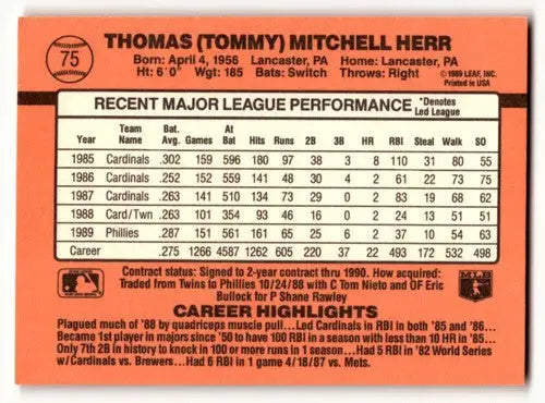 1990 Donruss #75 Tommy Herr Philadelphia Phillies Baseball Cards EX/ ID:56228 - Baseball Card Single