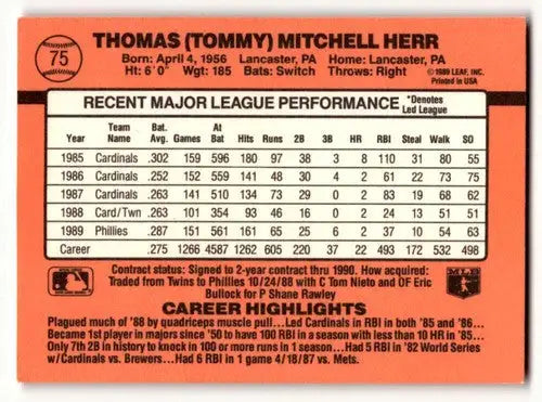1990 Donruss #75 Tommy Herr Philadelphia Phillies Baseball Cards EX/ ID:56219 - Baseball Card Single