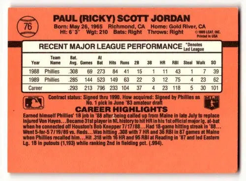 1990 Donruss #76 Ricky Jordan Philadelphia Phillies Baseball Cards E ID:56220 - Baseball Card Single